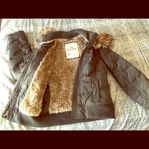 Hollister Fur Jacket, Army Green/ dark gray